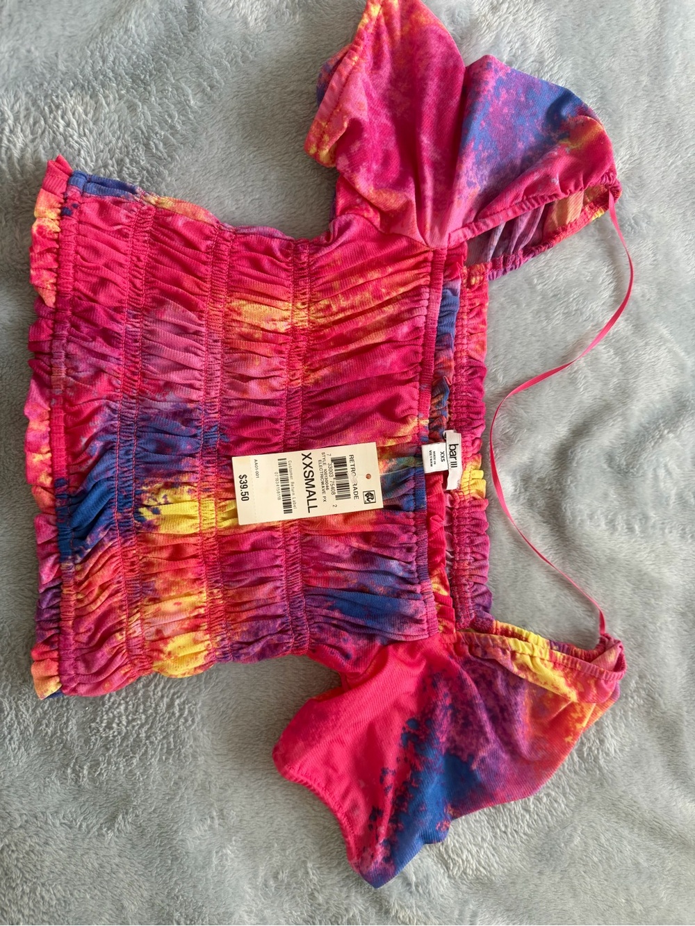 Bar III Girls Pink Tie-Dye Smocked Off-Shoulder Top with Yellow & Blue Accents
